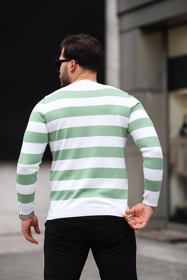Örme Çizgili Bisiklet Yaka İnce Triko Erkek Kazak - Yesil