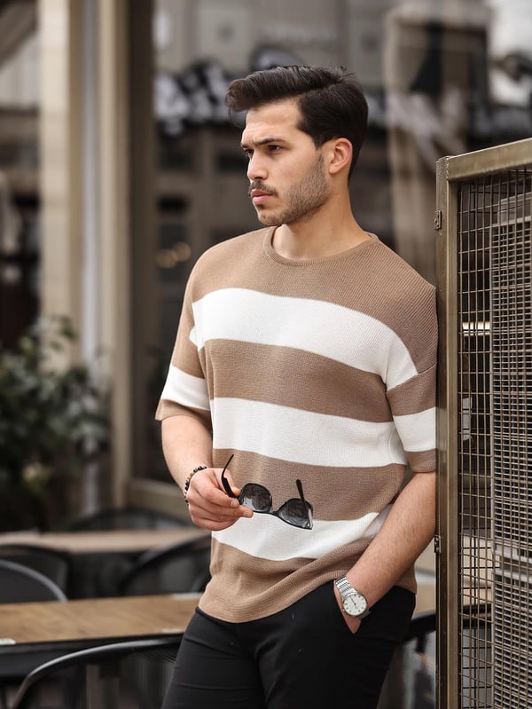 Oversize Çizgili Basic Triko T-Shirt - Bej