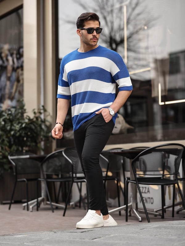 Oversize Çizgili Basic Triko T-Shirt - İndigo
