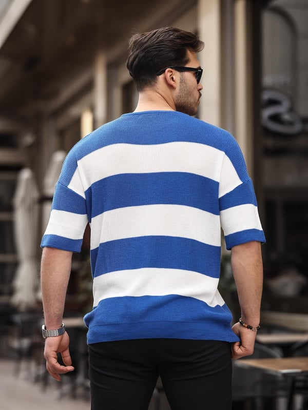 Oversize Çizgili Basic Triko T-Shirt - İndigo