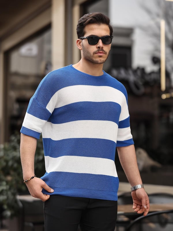 Oversize Çizgili Basic Triko T-Shirt - İndigo