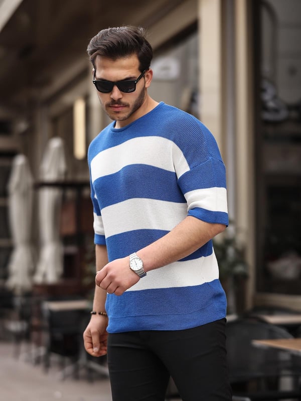 Oversize Çizgili Basic Triko T-Shirt - İndigo