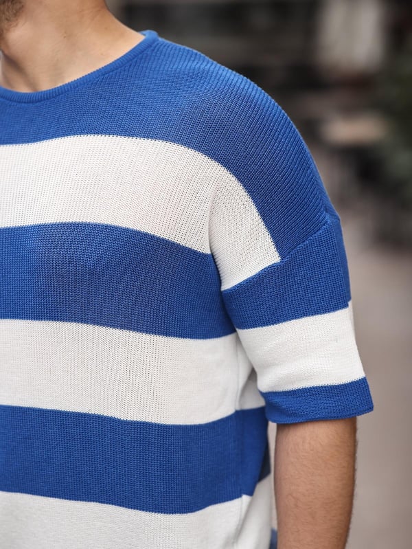 Oversize Çizgili Basic Triko T-Shirt - İndigo