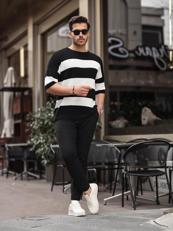 Oversize Çizgili Basic Triko T-Shirt - Siyah