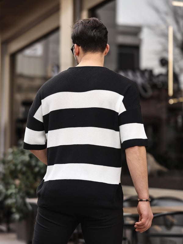 Oversize Çizgili Basic Triko T-Shirt - Siyah