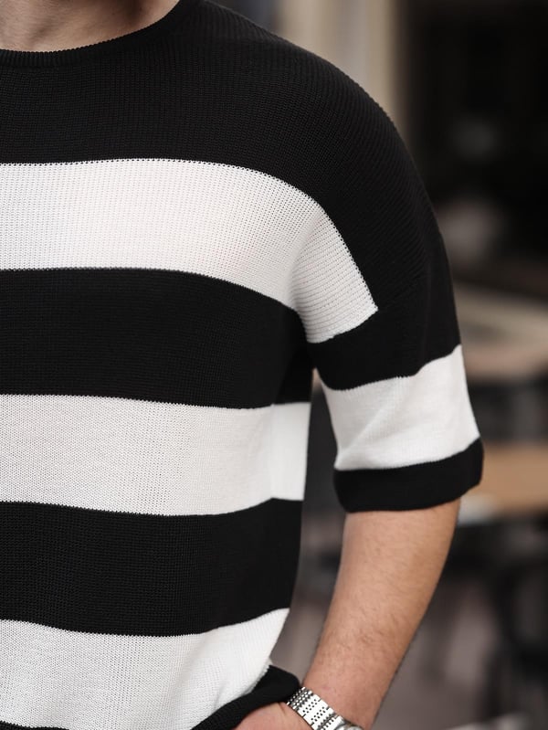 Oversize Çizgili Basic Triko T-Shirt - Siyah