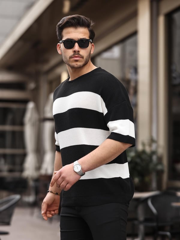 Oversize Çizgili Basic Triko T-Shirt - Siyah