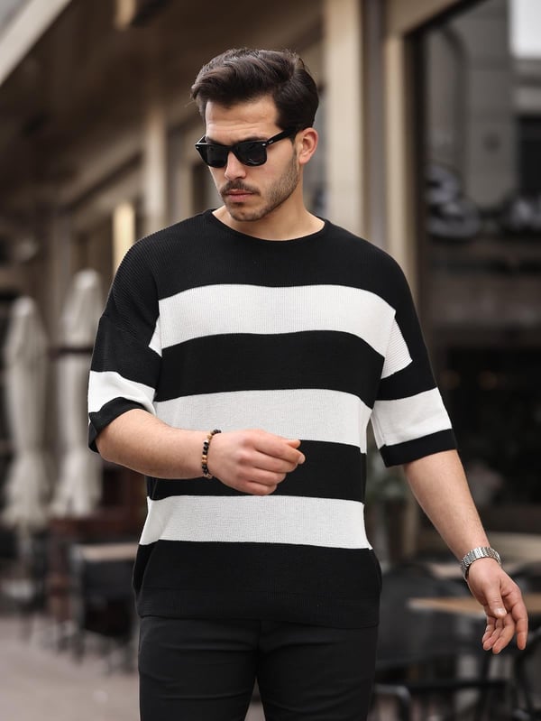 Oversize Çizgili Basic Triko T-Shirt - Siyah
