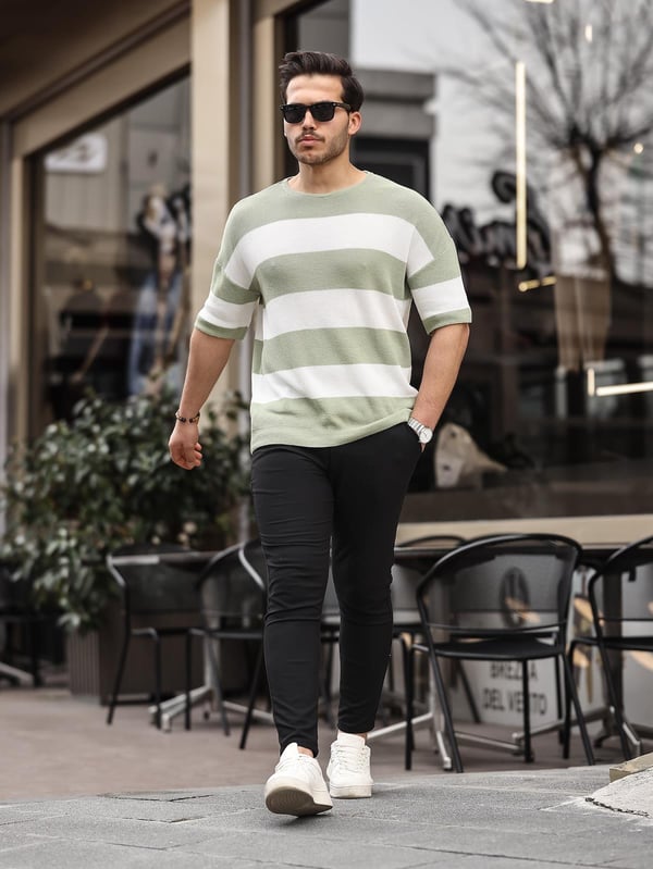 Oversize Çizgili Basic Triko T-Shirt - Yeşil