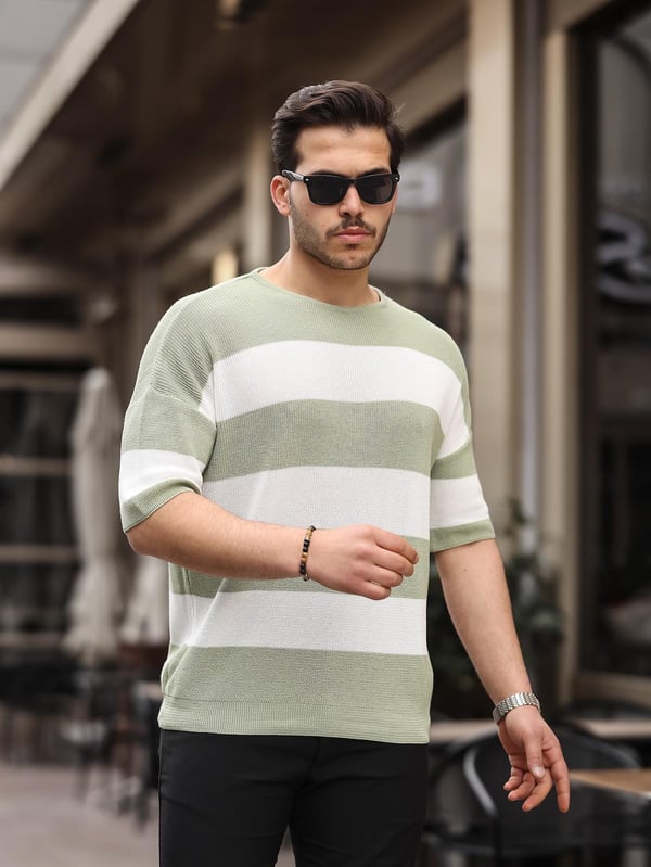 Oversize Çizgili Basic Triko T-Shirt - Yeşil