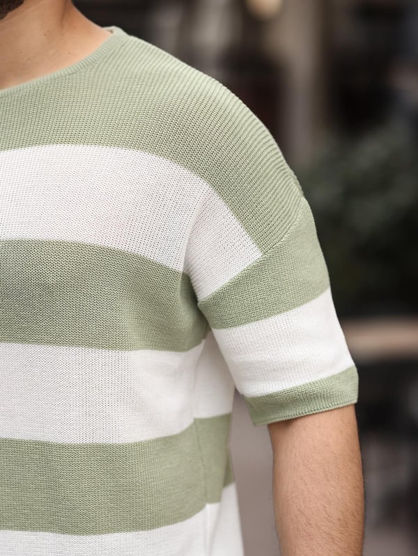 Oversize Çizgili Basic Triko T-Shirt - Yeşil