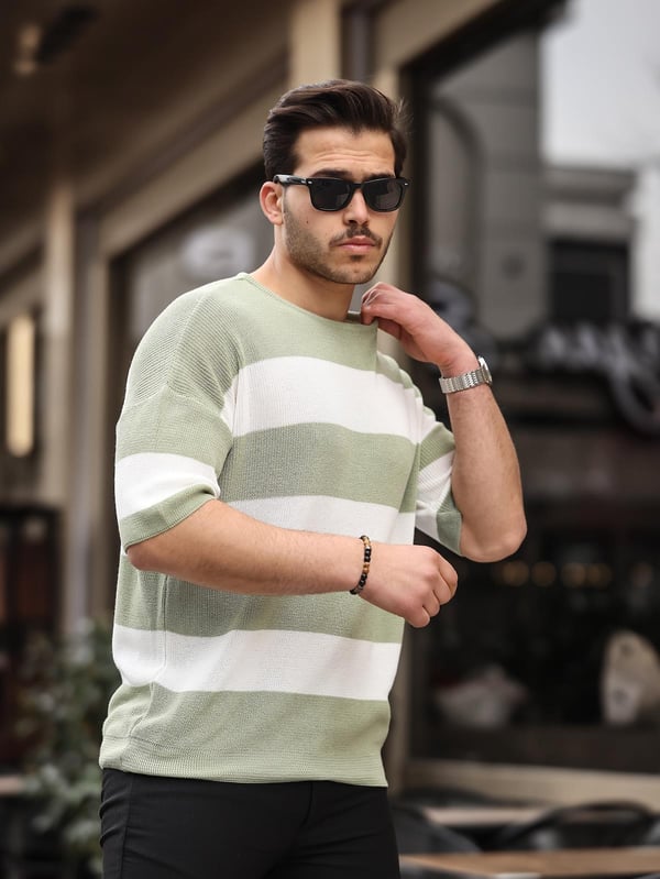 Oversize Çizgili Basic Triko T-Shirt - Yeşil