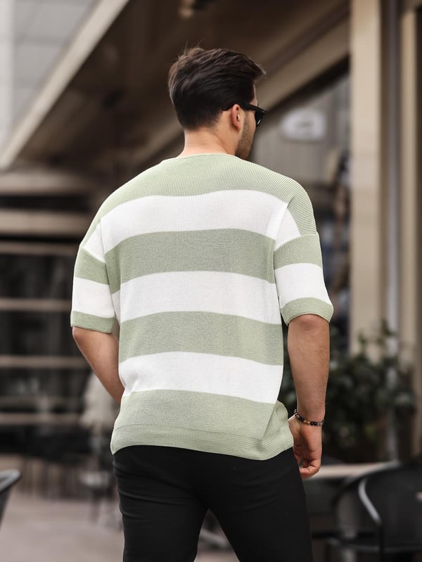 Oversize Çizgili Basic Triko T-Shirt - Yeşil