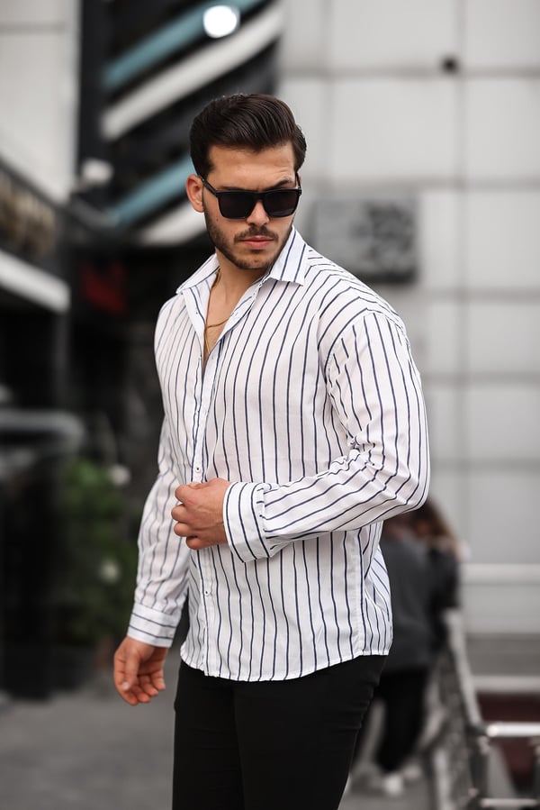 Oversize Çizgili Saten Gömlek- Beyaz