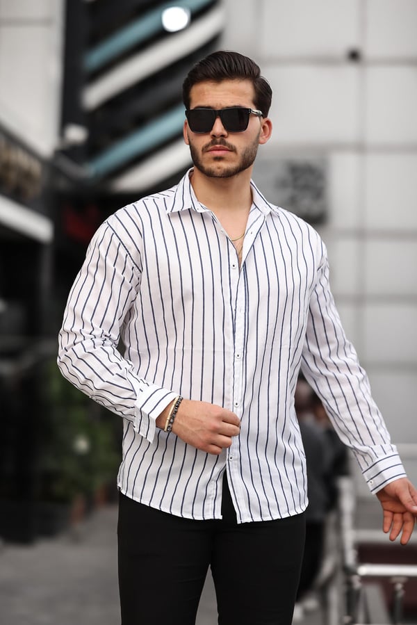 Oversize Çizgili Saten Gömlek- Beyaz