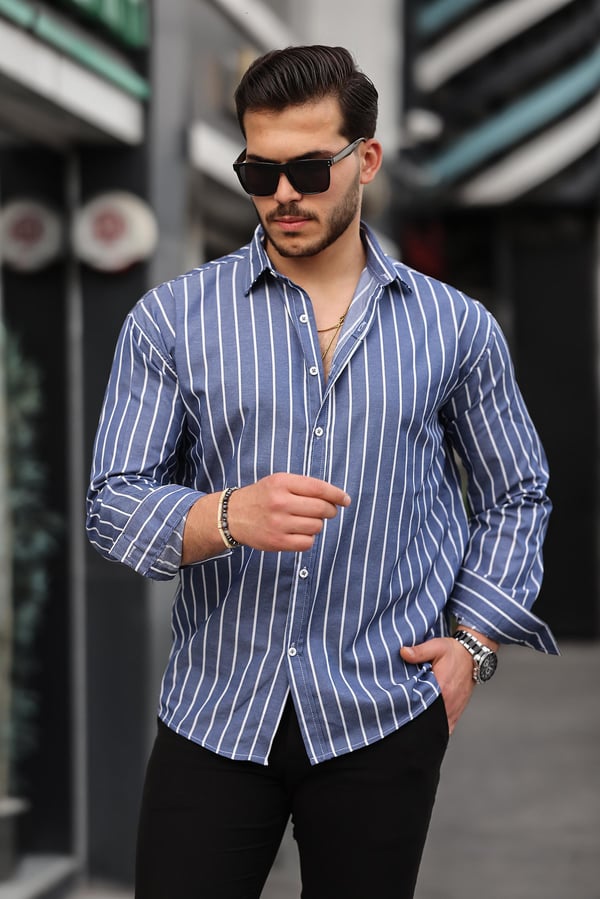 Oversize Çizgili Saten Gömlek- Lacivert