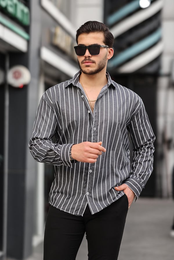 Oversize Çizgili Saten Gömlek- Siyah