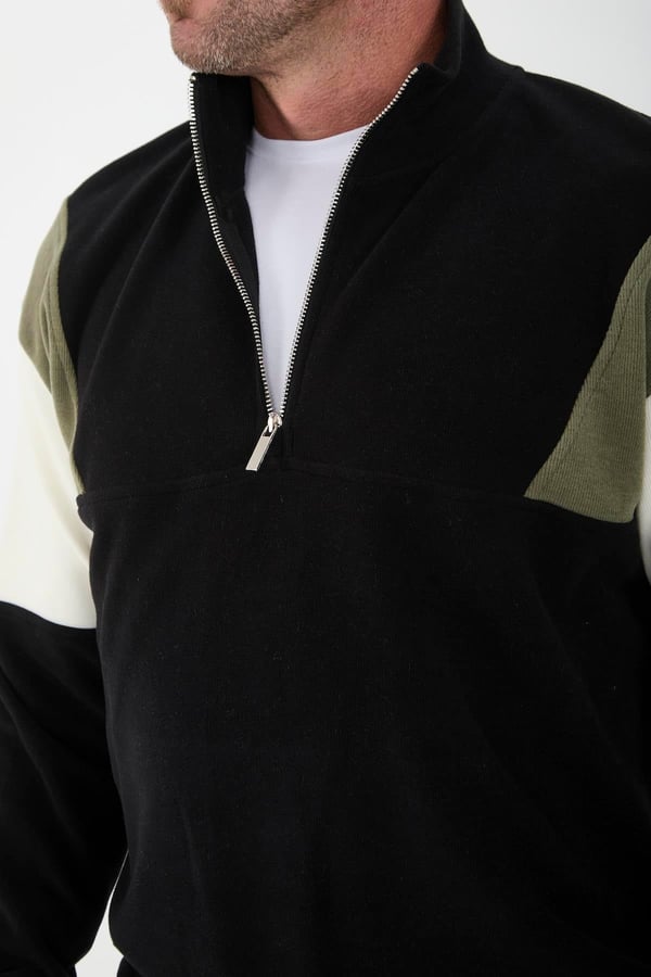 Oversize Erkek Kolları Garnili Selanik Örme Erkek Sweatshirt - Siyah