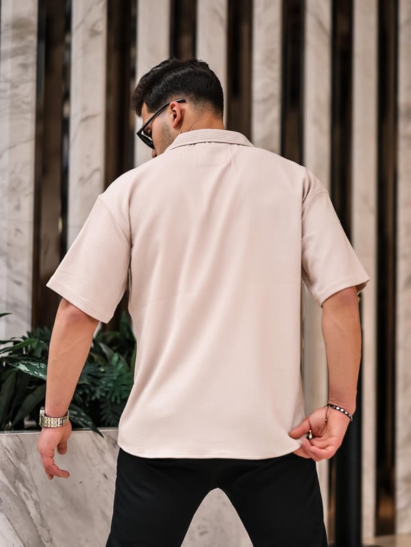 Oversize Fitilli Kısa Kol Gömlek - Bej
