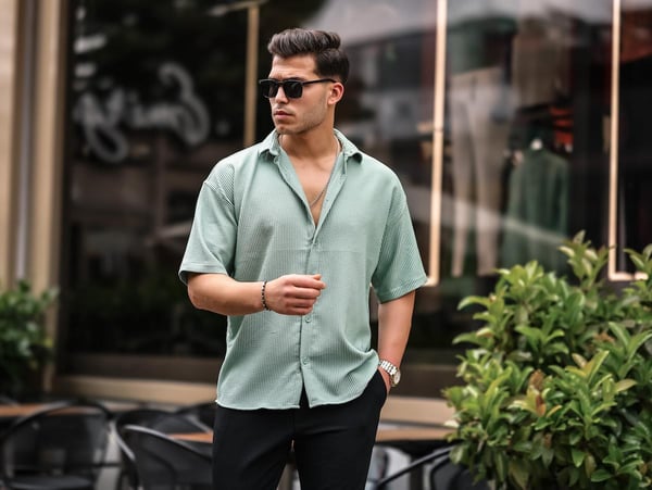 Oversize Fitilli Kısa Kol Gömlek - Yeşil
