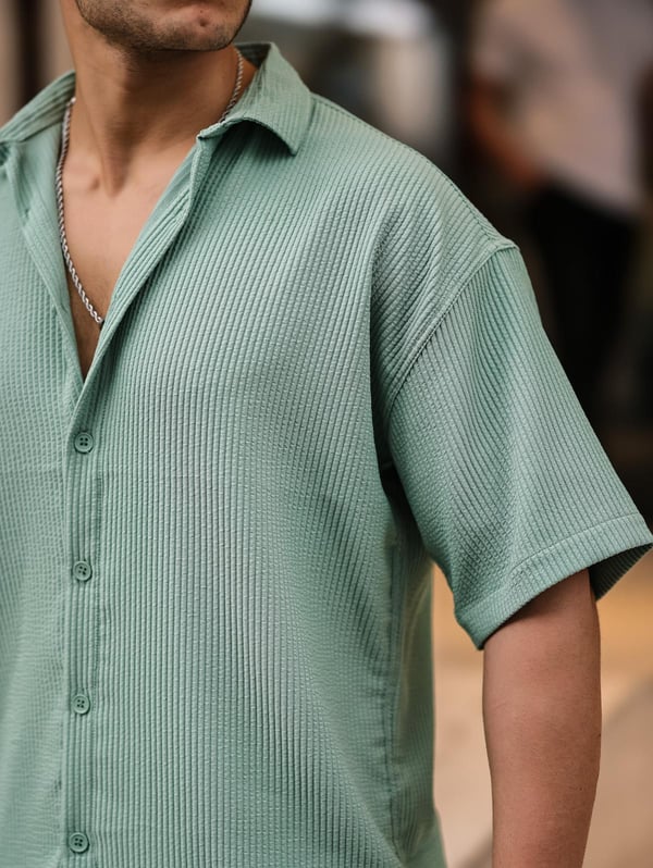 Oversize Fitilli Kısa Kol Gömlek - Yeşil