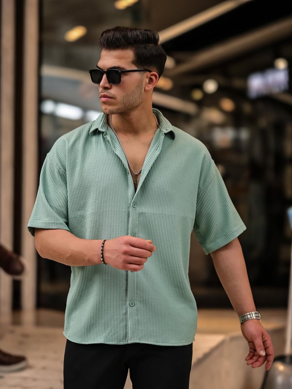 Oversize Fitilli Kısa Kol Gömlek - Yeşil