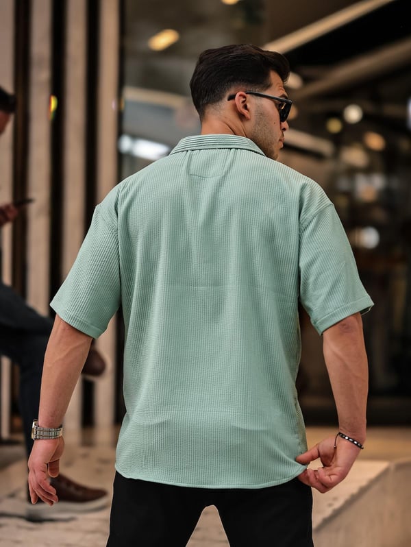 Oversize Fitilli Kısa Kol Gömlek - Yeşil