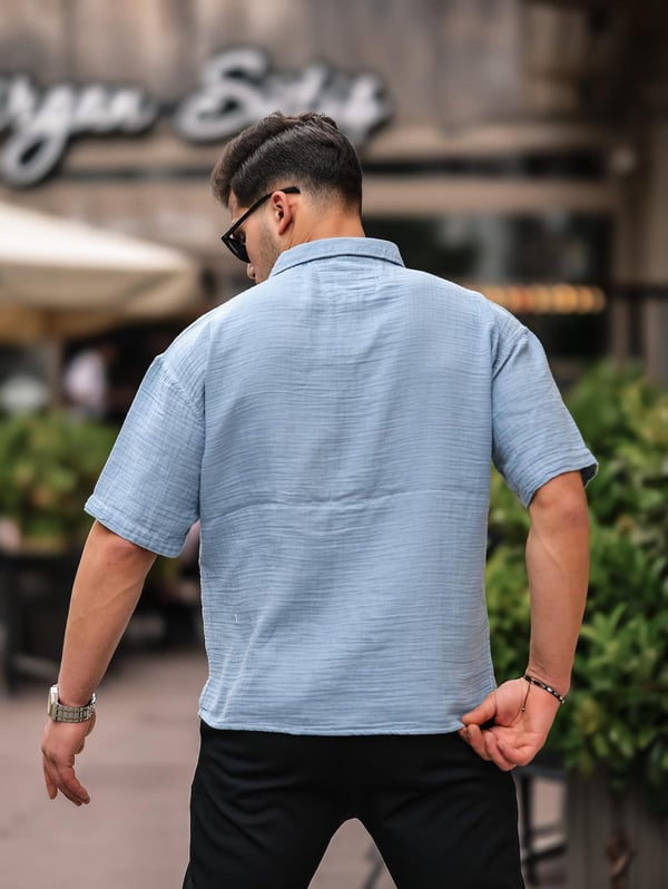 Oversize Müslin Kumaş Tek Cepli Gömlek- Mavi