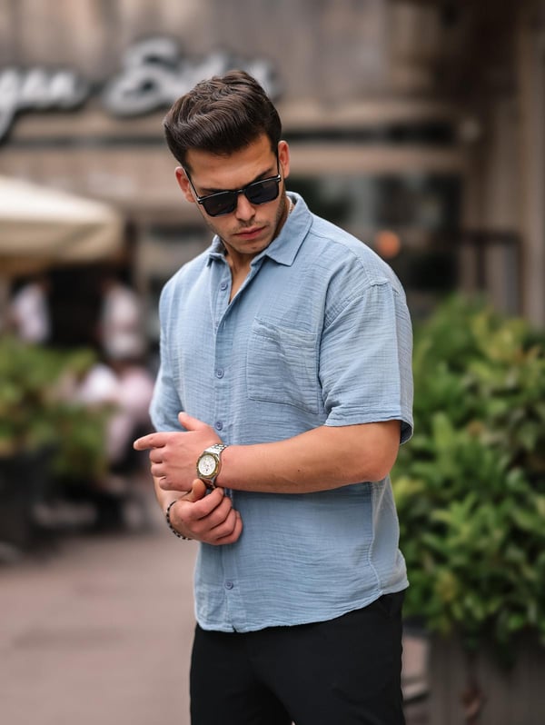 Oversize Müslin Kumaş Tek Cepli Gömlek- Mavi