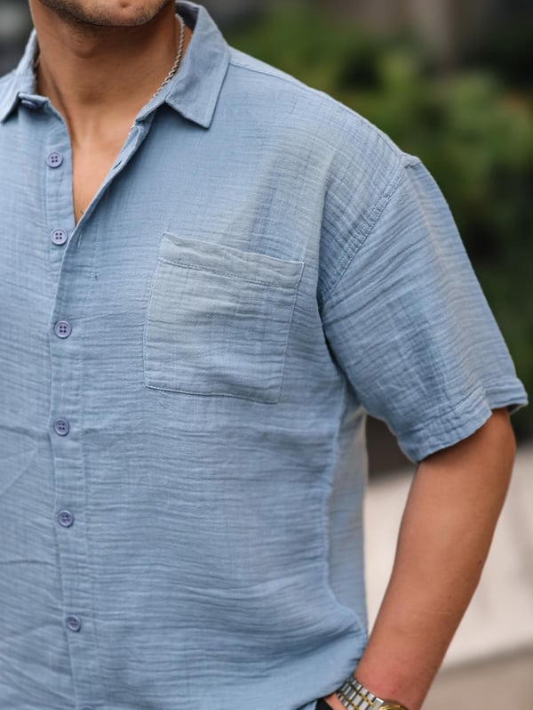 Oversize Müslin Kumaş Tek Cepli Gömlek- Mavi