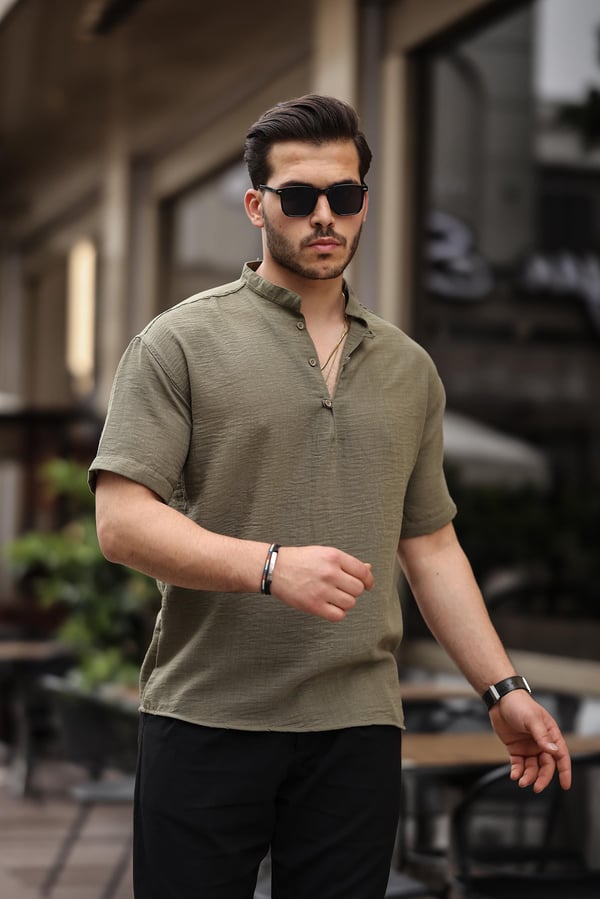 Oversize Yarım Pat Bambu Kısa kol Gömlek - Haki