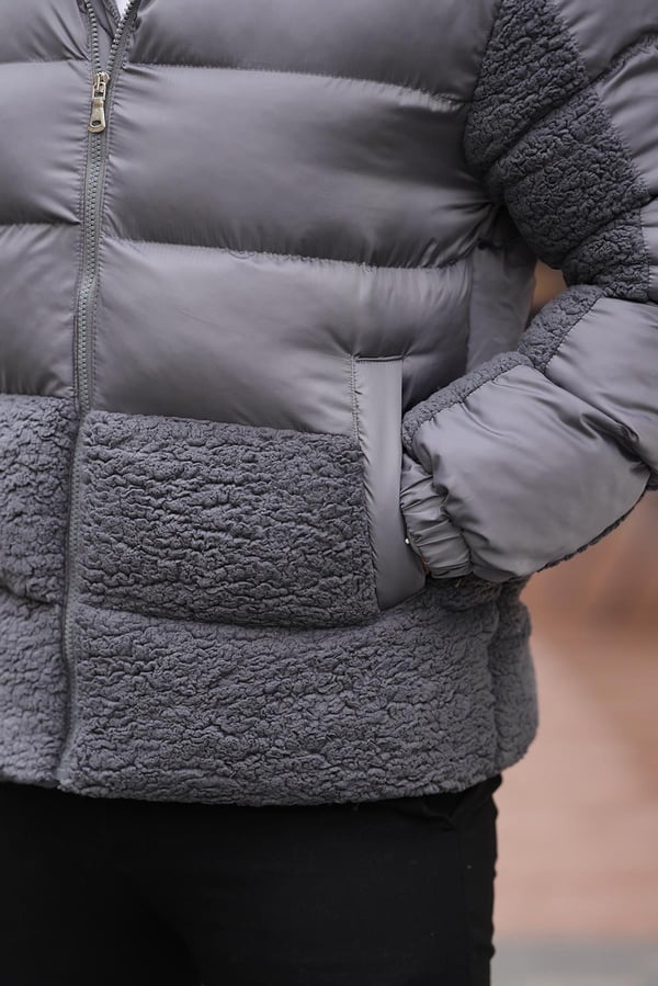 Peluş Detaylı Şişme Mont - Füme