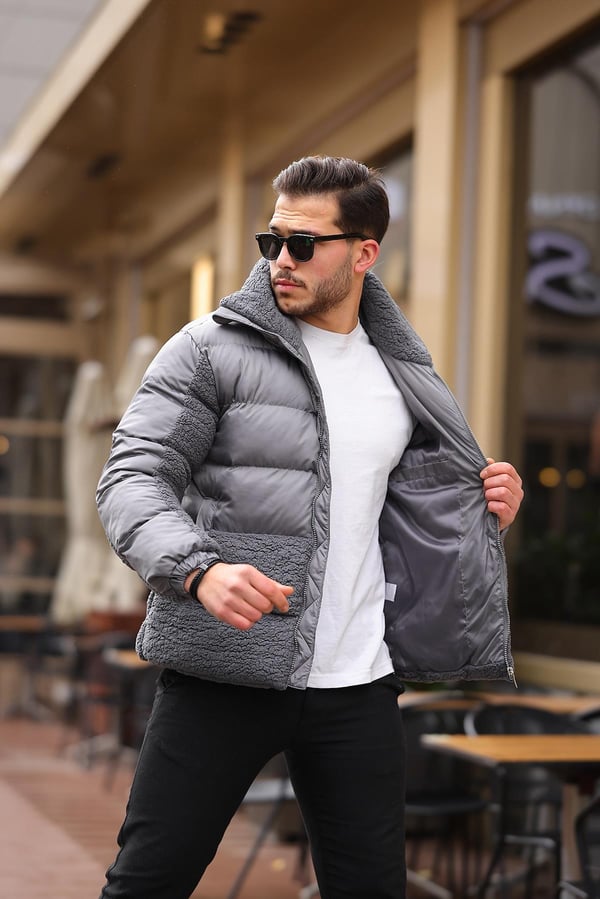 Peluş Detaylı Şişme Mont - Füme
