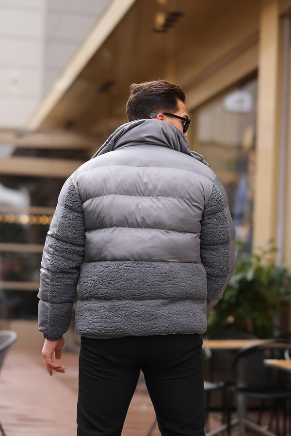 Peluş Detaylı Şişme Mont - Füme