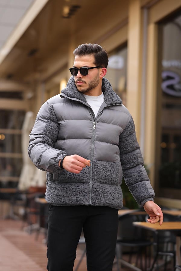 Peluş Detaylı Şişme Mont - Füme