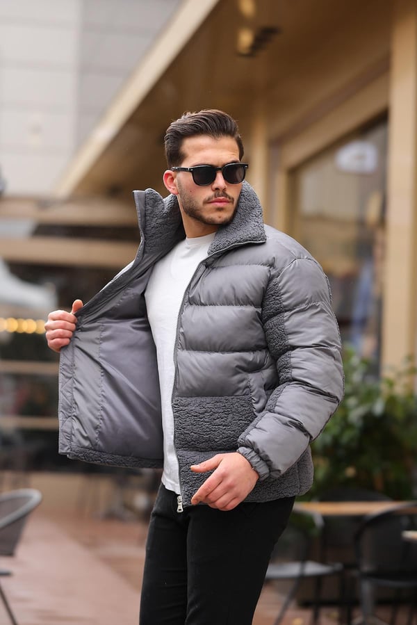 Peluş Detaylı Şişme Mont - Füme