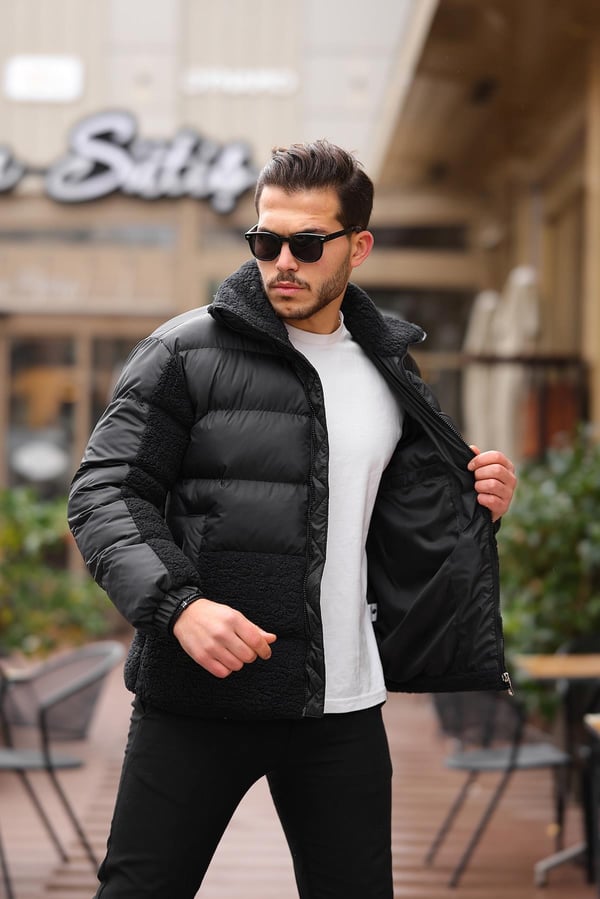 Peluş Detaylı Şişme Mont - Siyah