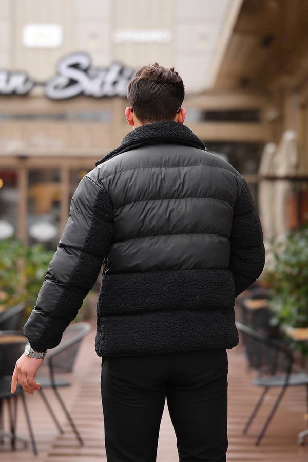 Peluş Detaylı Şişme Mont - Siyah