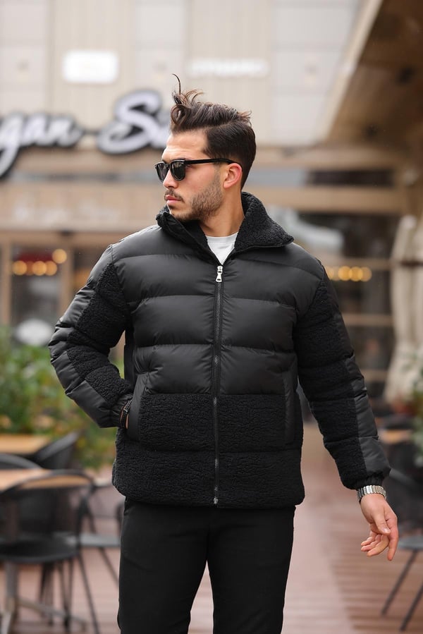 Peluş Detaylı Şişme Mont - Siyah