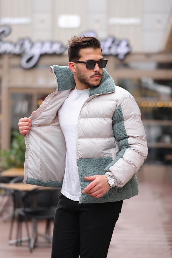Peluş Detaylı Şişme Mont - Su Yeşili