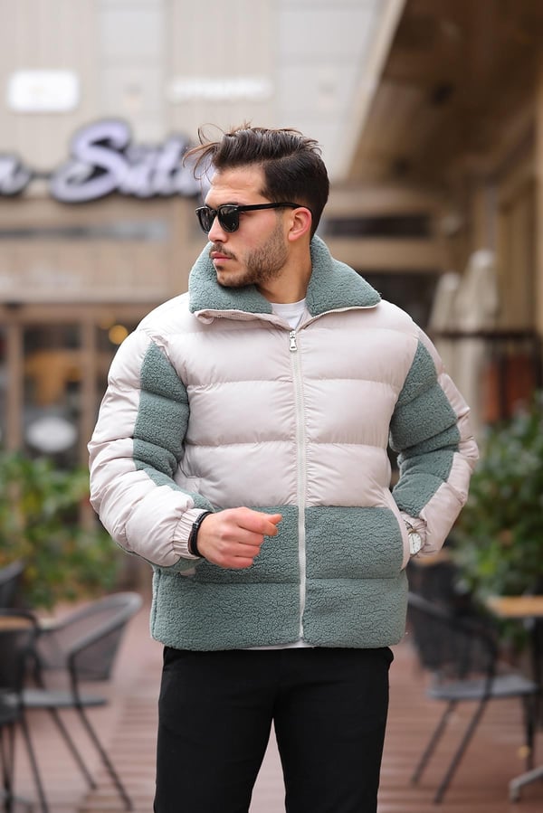 Peluş Detaylı Şişme Mont - Su Yeşili