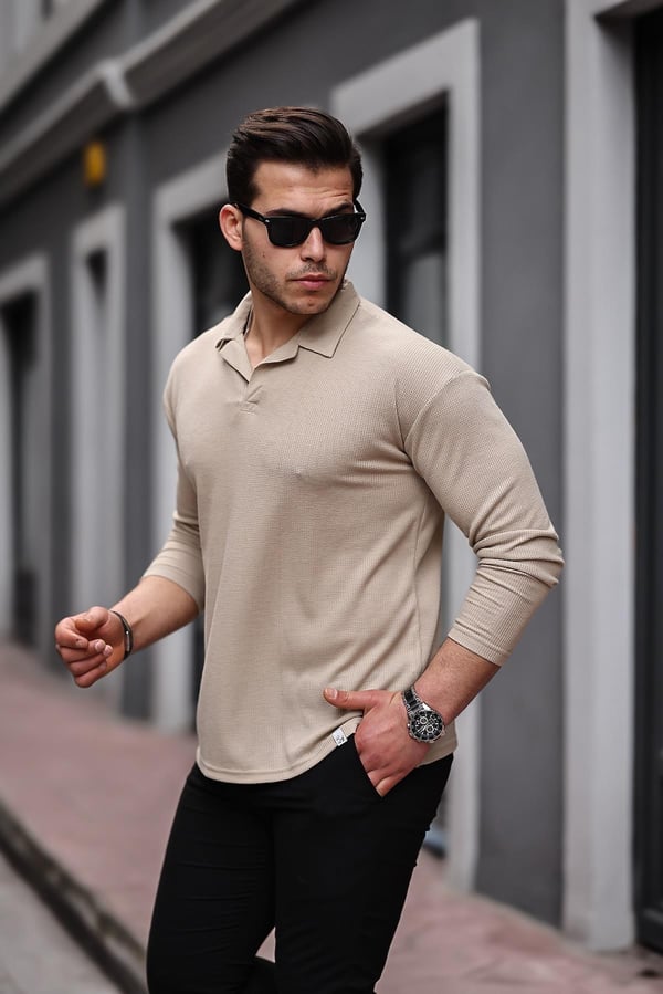 Polo Yaka Örme Triko - Bej