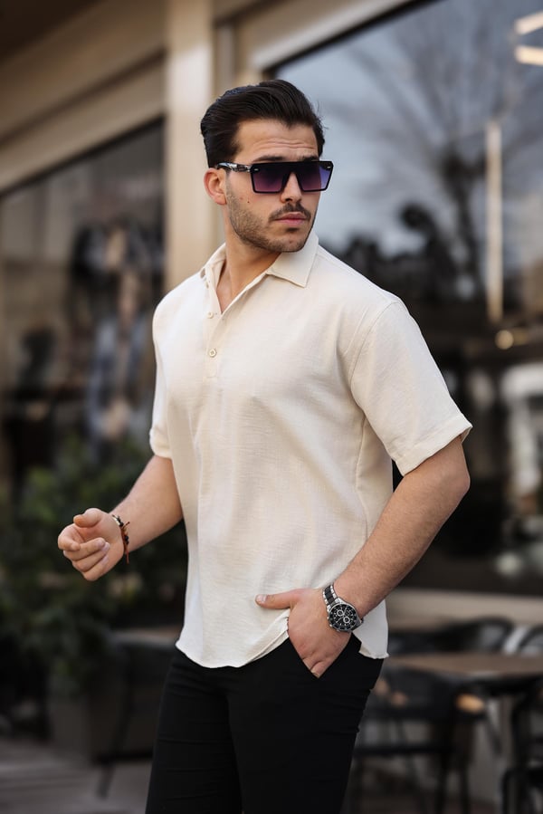 Polo Yaka Oversize Yarım Pat  Bambu Kısa Kol Gömlek - Bej