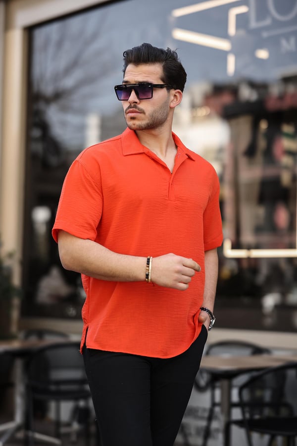 Polo Yaka Oversize Yarım Pat  Bambu Kısa Kol Gömlek - Turuncu