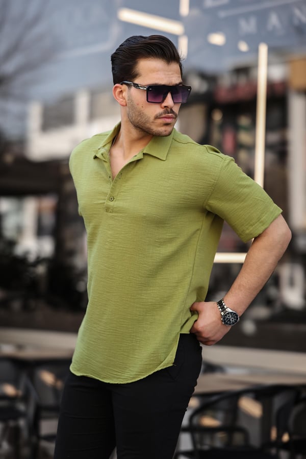 Polo Yaka Oversize Yarım Pat  Bambu Kısa Kol Gömlek - Fıstık Yeşili