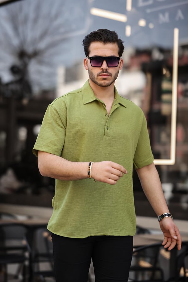 Polo Yaka Oversize Yarım Pat  Bambu Kısa Kol Gömlek - Fıstık Yeşili