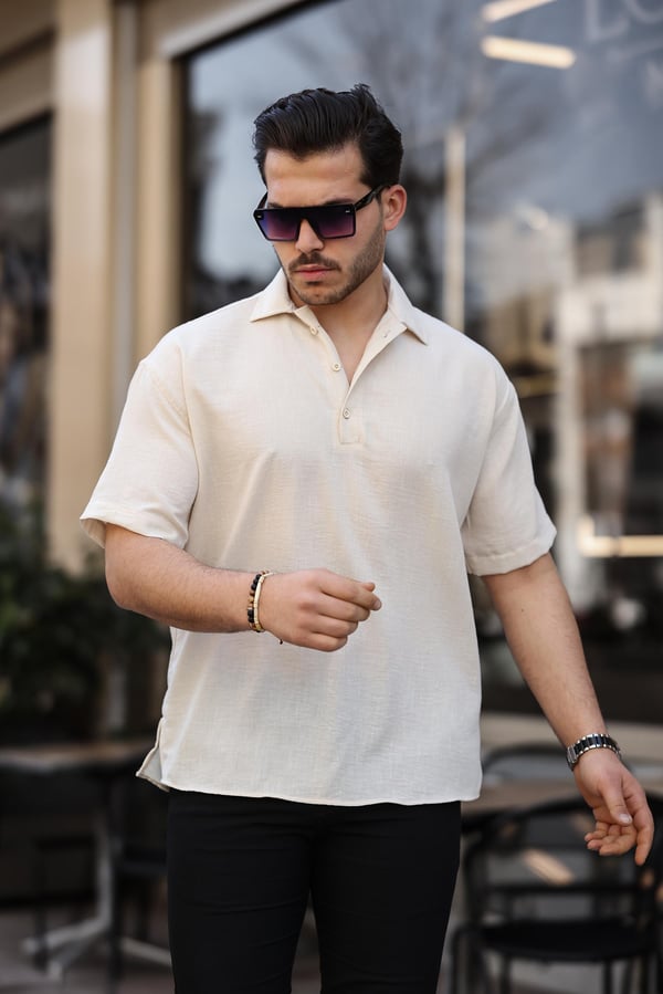 Polo Yaka Oversize Yarım Pat  Bambu Kısa Kol Gömlek - Bej