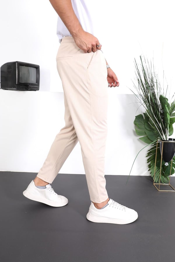 Premium Çizgi Şeritli Keten Pantolon - Bej