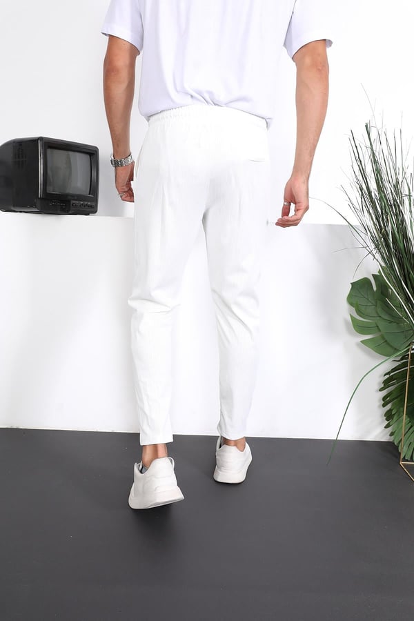 Premium Çizgi Şeritli  Keten Pantolon - Beyaz