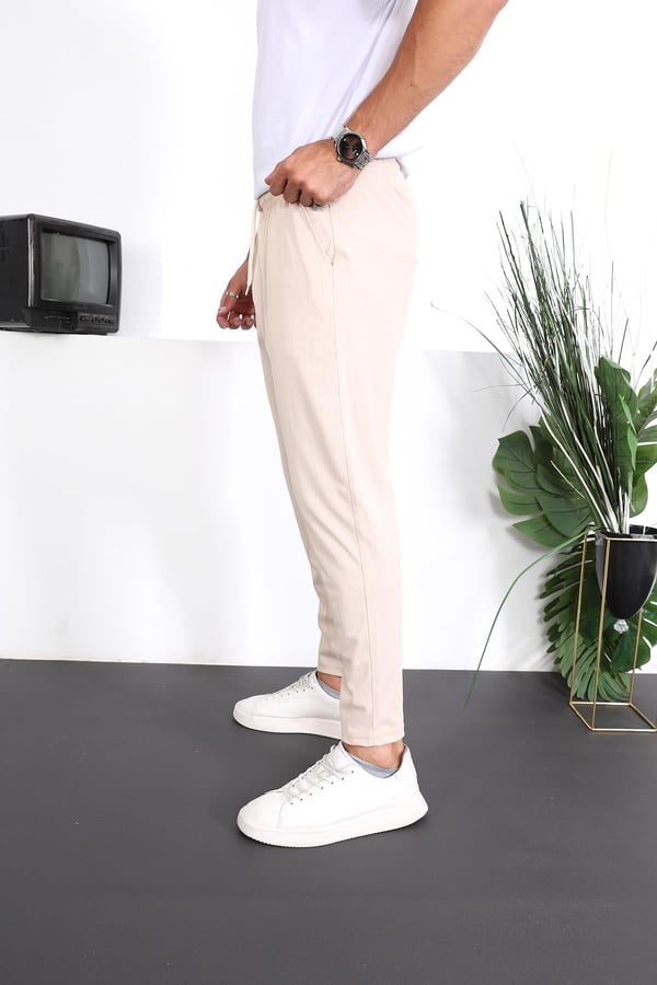 Premium Çizgi Şeritli Keten Pantolon - Bej